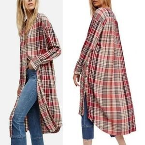 Free People Loralei Shirt Dress Women L Red Plaid Midi Tunic Button Up Grunge